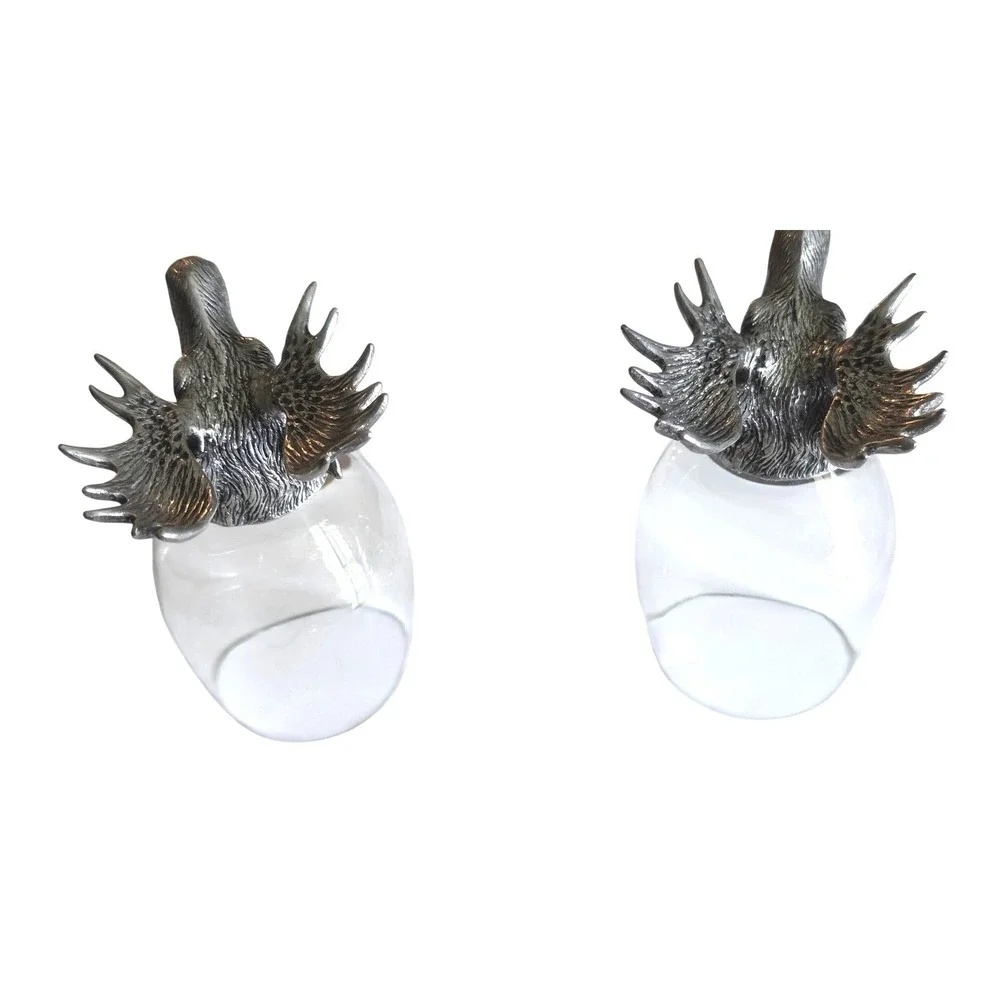 Shot Glass Set Moose Head Pewter Base Cabin Decor Silver Clear